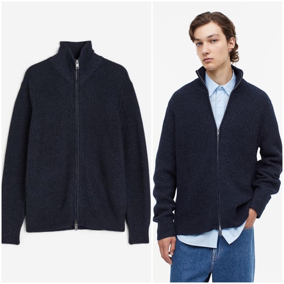 Navy Blue Regular Fit Zip Front Cardigan (M L)